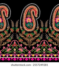 Floral Textile for seamless pattern.Traditional Kashmiri Shawl design.Design with flower,leaf on black backgroud.Classic style.Design for adding to textile,embroidery,decorative,fashion industry.