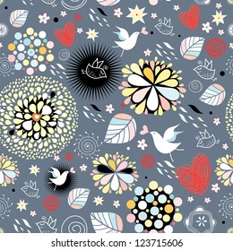 floral texture with birds in love
