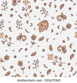 Floral texture. Doodle seamless pattern. Abstract beige flowers and elements on the light gray background. Vector illustration. Decorative card. 
