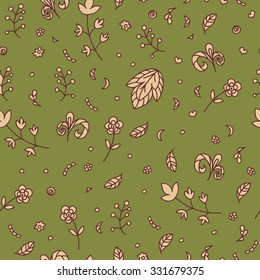 Floral texture. Doodle seamless pattern. Abstract beige flowers and elements on the green background. Vector illustration. Decorative card. Warm colors.
