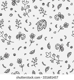 Floral texture. Doodle seamless pattern. Abstract flowers and elements on the light gray background. Vector illustration. Decorative card. 
