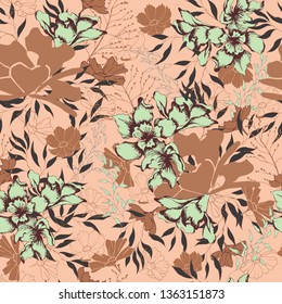 
Floral texture for fabric. Ornament of flowers and leaves on a brown background. Elegant natural ornament. Vintage texture for decoration of fabric, tile and paper and wallpaper on the wall.
