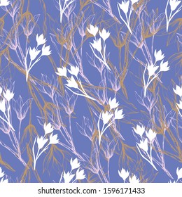 Floral texture for fabric. Seamless ornament of white flowers on a purple background. Vintage texture for decorating fabric, tile and paper.