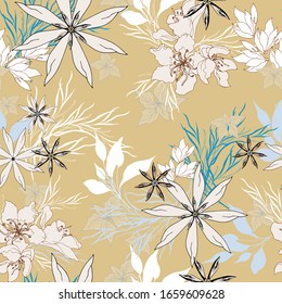 Floral texture for fabric. Seamless ornament of flowers and leaves on a beige background. Vintage texture for decorating fabric, tile and paper.