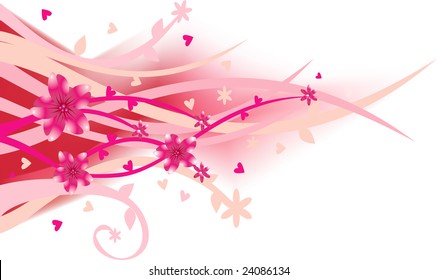 Floral texture with pink flowers, plants and hearth shapes