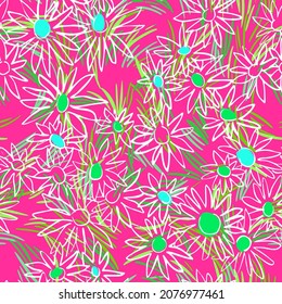 Floral texture. Seamless pattern with daisy flower buds on texture with chaotic dashed lines.. Meadow botanical background. Sketch drawing. Simple ditsy ornament. Fashion design for textile, fabric.