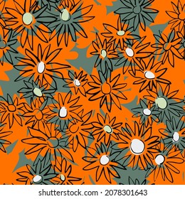 Floral texture. Seamless pattern with daisy buds on texture with silhouettes of large flowers. Summer botanical background. Sketch drawing. Simple ditsy ornament. Fashion design for textile, fabric.