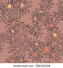 Floral texture. Seamless pattern with daisy flower buds. Meadow botanical background. Sketch drawing. Simple ditsy ornament. Fashion design for textile, fabric, any surface.