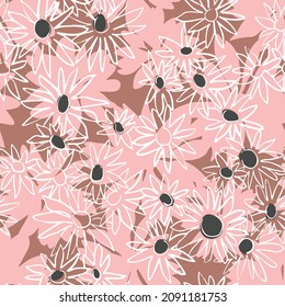 Floral texture. Seamless pattern with daisy buds on texture with silhouettes of large flowers. Summer botanical background. Sketch drawing. Simple ditsy ornament. Fashion design for textile, fabric.