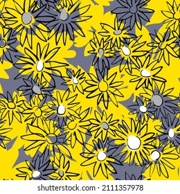 Textura floral. Patrón sin foco con brotes de margarita sobre textura con siluetas de flores grandes. Fondo botánico de verano. Dibujo de esbozo. Sencillo adorno de colmena. Diseño de moda para textiles y tejidos.
