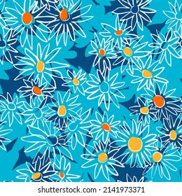 Floral texture. Seamless pattern with daisy buds on texture with silhouettes of large flowers. Summer botanical background. Sketch drawing. Simple ditsy ornament. Fashion design for textile, fabric.
