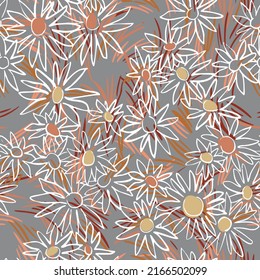 Floral texture. Seamless pattern with daisy flower buds on texture with chaotic dashed lines.. Meadow botanical background. Sketch drawing. Simple ditsy ornament. Fashion design for textile, fabric.