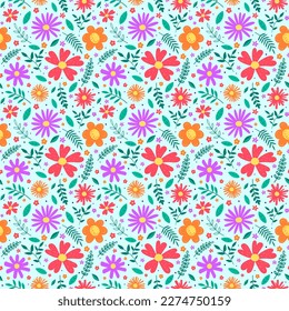 Floral texture. Spring background with colourful blowing flowers and leaves. Vector illustration