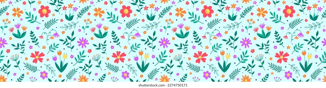 Floral texture. Spring background with colourful blowing flowers and leaves. Banner. Vector illustration