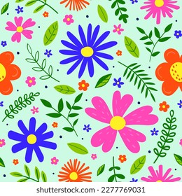 Floral texture. Spring background with colourful blowing flowers and leaves. Vector illustration