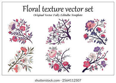 Floral texture vector set and branch elegant leaves wedding herb,  branch, and minimalist flowers.