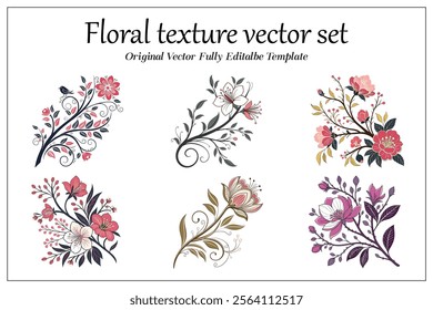Floral texture vector set and branch elegant leaves wedding herb,  branch, and minimalist flowers.
