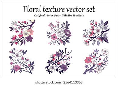 Floral texture vector set and branch elegant leaves wedding herb,  branch, and minimalist flowers.