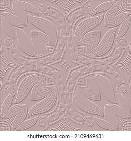 Floral textured 3d seamless pattern. Relief embossed light background. Elegance 3d flowers, leaves, spirals, chains. Surface beautiful ornaments with embossing effect. Endless emboss grunge texture.
