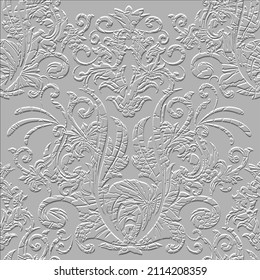 Floral textured 3d seamless pattern. Embossed white background. Repeat emboss flowers backdrop. Surface relief ornament in Baroque style. Modern design with embossing effect. Endless grunge texture.