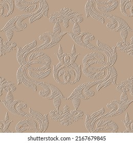 Floral textured 3d seamless pattern. Vector embossed beige background. Repeat emboss backdrop. Surface relief hatched 3d flowers leaves. Vintage tapestry ornaments. Textured hatching grunge design.