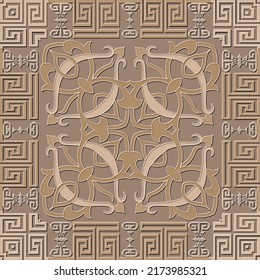 Floral textured 3d seamless pattern. Greek embossed colorful background. Vector repeat surface backdrop. Vintage relief ornaments with emboss flowers, leaves, square frames, greek meanders, borders.