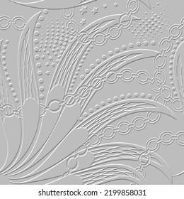 Floral textured 3d seamless pattern. Emboss ornamental white background. Repeat decorative relief grunge backdrop. Beautiful hand drawn surface ornament. Embossed lacy flowers, chains, stars, circles.
