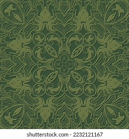 Floral textured 3d seamless pattern. Vector embossed green background. Repeat emboss flowers leaves backdrop. Surface relief ornament in Baroque Victorian style. Leafy pattern with embossing effect.
