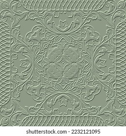 Floral textured Baroque 3d seamless pattern. Vector embossed green background. Repeat emboss flowers leaves backdrop. Surface relief ornament. Grid frames, borders. Grunge embossing endless texture.