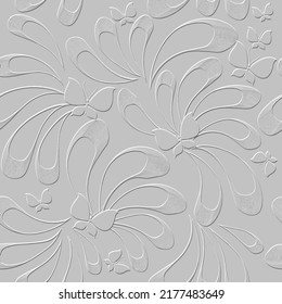 Floral textured emboss 3d seamless pattern. Abstract embossed line art flowers and butterflies. Surface repeat vector backdrop. White ornamental relief background. Endless 3d texture. Embossing effect