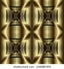 Floral textured gold 3d vector seamless pattern. Ornamental surface grunge background. Drapery repeat symmetrical golden backdrop. Decorative flowers design. Floral  striped 3d abstract ornaments.