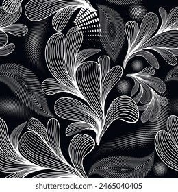 Floral textured halftone beautiful black white lines seamless pattern. Ornamental half tone grunge vector background. Hand drawn ethnic style ornaments. Modern design with abstract flowers, leaves.