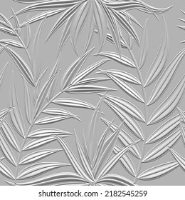 Floral textured line art tracery 3d seamless pattern. Tropical palm leaves relief background. Repeat embossed white backdrop. Surface leaves, branches. 3d endless leafy ornament with embossing effect.