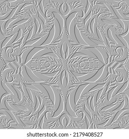 Floral textured lines 3d seamless pattern. White ornamental abstract emboss background. Repeat decorative surface ornament. Relief line art flowers, leaves, dots. Grunge vector embossed texture.