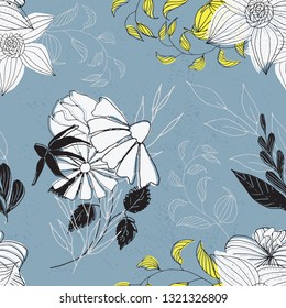 Floral textured seamless pattern. Hand drawn vintage flowers and leaves. Vector botanical floral set.