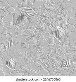 Floral textured white 3d seamless pattern. White embossed abstract leafy background. Relief surface emboss leaves ornament. Grunge rough endless texture. Vector repeat dirty backdrop. Grungy texture.