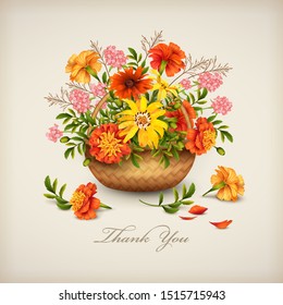 Floral 'Thank you' card with a basket filled with autumn flowers and fallen petals