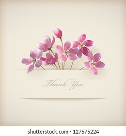Floral 'Thank you' card with beautiful realistic spring pink flowers and banner with drop shadows on a beige elegant background in modern style. Perfect for wedding, greeting or invitation design