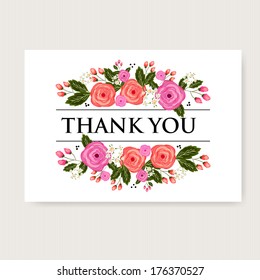 Floral 'Thank you' card with beautiful realistic spring pink flowers and banner with drop shadows on a beige elegant background in modern style. Perfect for wedding, greeting or invitation design