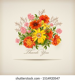 Floral Thank you card with different flowers and paper banner. Thanksgiving card with a bouquet of autumn flowers