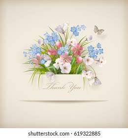 Floral 'Thank you' card with different flowers and paper banner. Perfect for wedding, greeting or invitation design