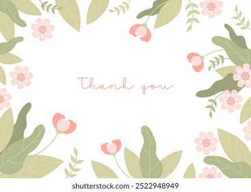 Floral Thank You card. Pink flowers and leaves on white background. Horizontal poster Thankful banner, flyer, Grateful Greetings, Appreciation Note. Vector illustration. Botanical background