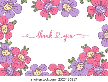 Floral Thank You card. Purple and pink flowers on white background. Horizontal poster Thankful banner, flyer, Grateful Greetings, Appreciation Note. Vector illustration. Botanical romantic background