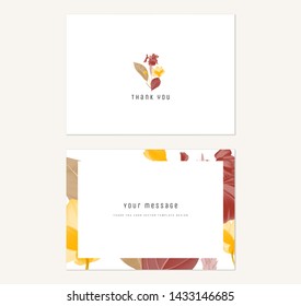 Floral thank you card template design, flowers bouquet in yellow, red and brown tones on white