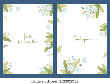 Floral thank you cards. Blue flowers on white background. Vertical isolated botanical posters. Vector illustration. Thankful banner, Grateful Greetings, Appreciation Note, thankfulness, message.