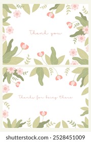 Floral thank you cards. Delicate pink flowers and leaves on white background. Horizontal isolated posters. Vector illustration. Thankful banner, flyer, Grateful Greetings, Appreciation Note