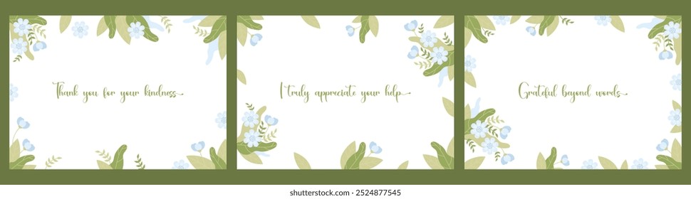 Floral thank you cards set. Blue flowers on white background. Horizontal isolated botanical posters with thankfulness words. Vector illustration. Thankful banner, Grateful Greeting, Appreciation Note