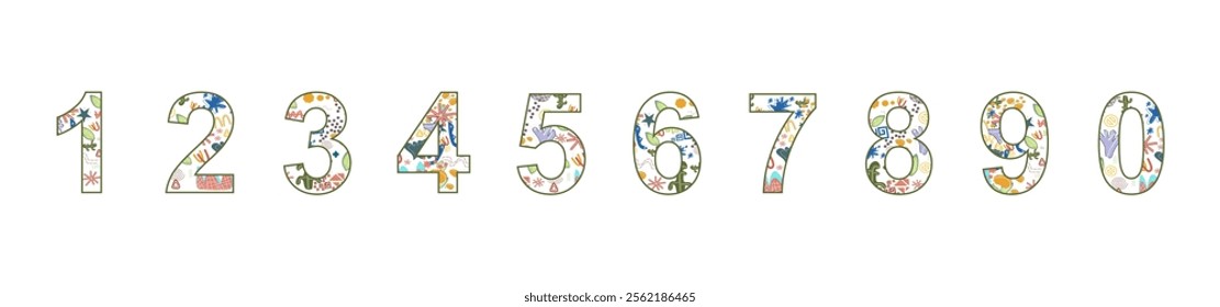 Floral theme abstract set on numbers in a row. Ten numbers from one to zero. Number love symbol concept vector illustration isolated on white background. stock illustration