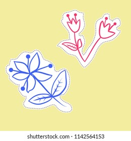 Floral theme, branches, doodles, labels, dashed lines  pattern. Hand drawn.
