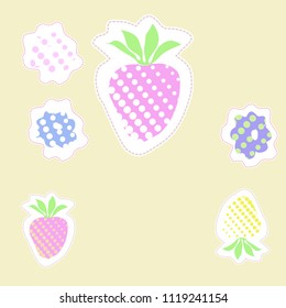 Floral  theme halftone, strawberry  pattern, dashed lines, tags. Hand drawn. 